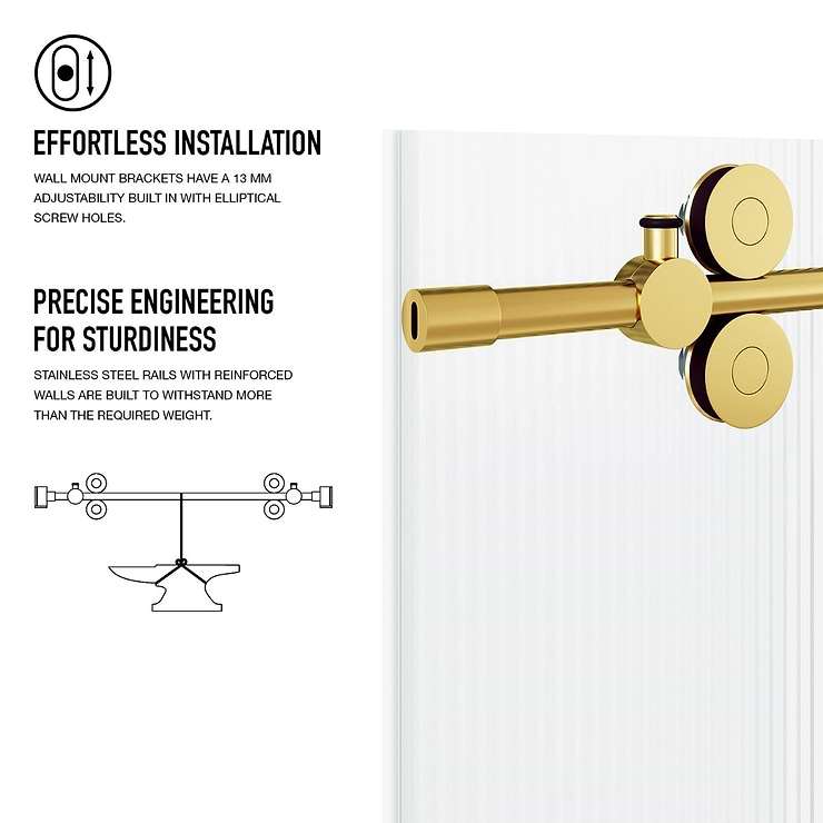 Gemello 60x74 Right Sliding Shower Door with Fluted Glass in Brushed Gold