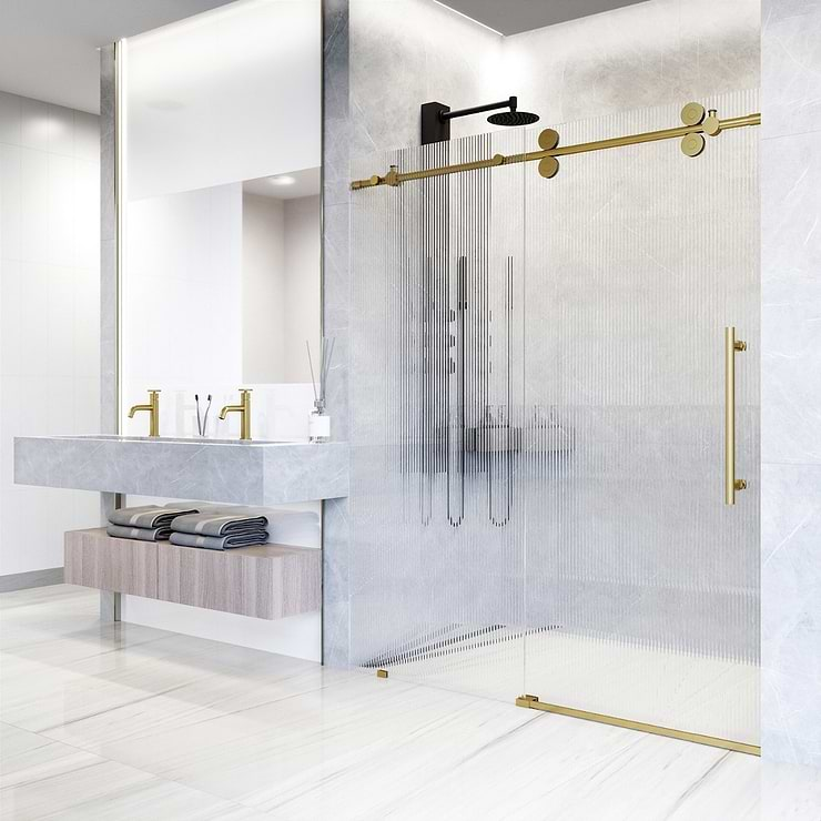 Gemello 60x74 Right Sliding Shower Door with Fluted Glass in Brushed Gold