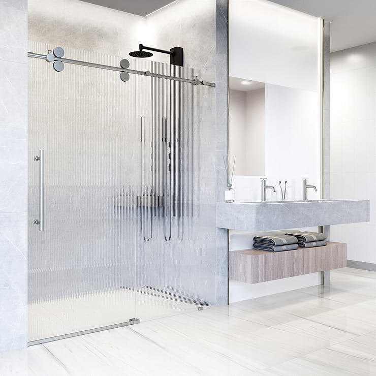 Gemello 60x74 Left Sliding Shower Door with Fluted Glass in Stainless Steel