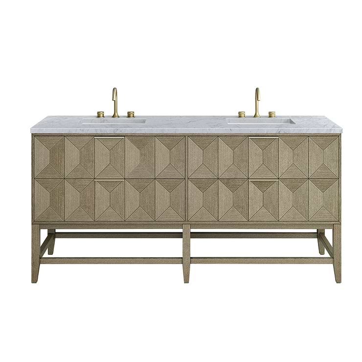 James Martin Vanities Emmeline Pebble Oak 72" Double Vanity with Carrara Marble Counter