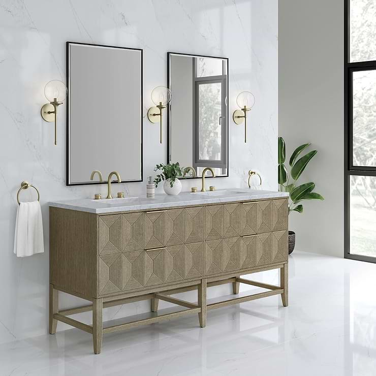 James Martin Vanities Emmeline Pebble Oak 72" Double Vanity with Carrara Marble Counter