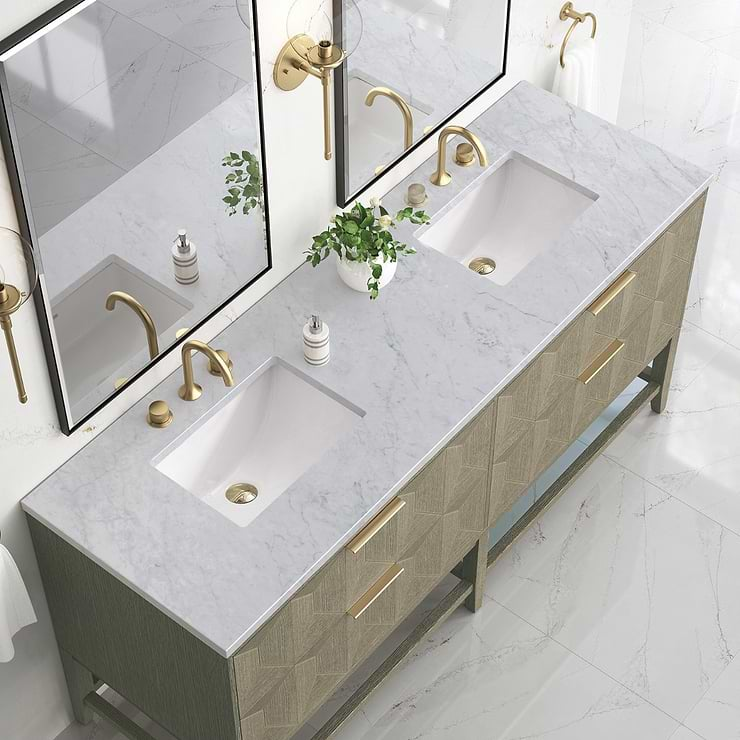 James Martin Vanities Emmeline Pebble Oak 72" Double Vanity with Carrara Marble Counter