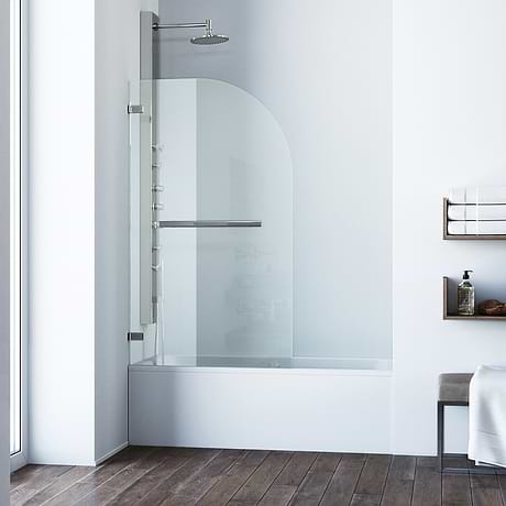 Straya 34x58 Reversible Hinged Screen Bathtub Door with Clear Glass in Stainless Steel