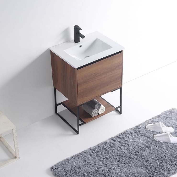 Amani 24" Walnut Brown Single Vanity with White Integrated Top