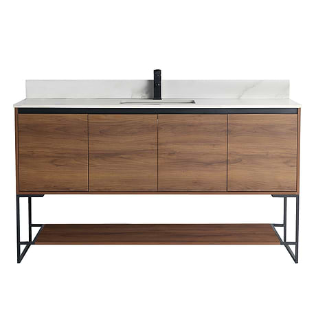 Amani 60" Walnut Brown Single Vanity with Sintered Stone Carrara Top