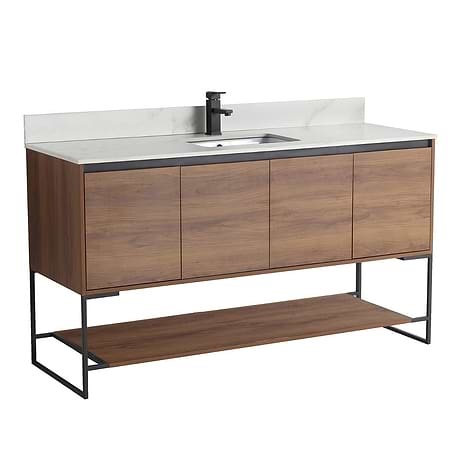 Amani 60" Walnut Brown Single Vanity with Sintered Stone Carrara Top