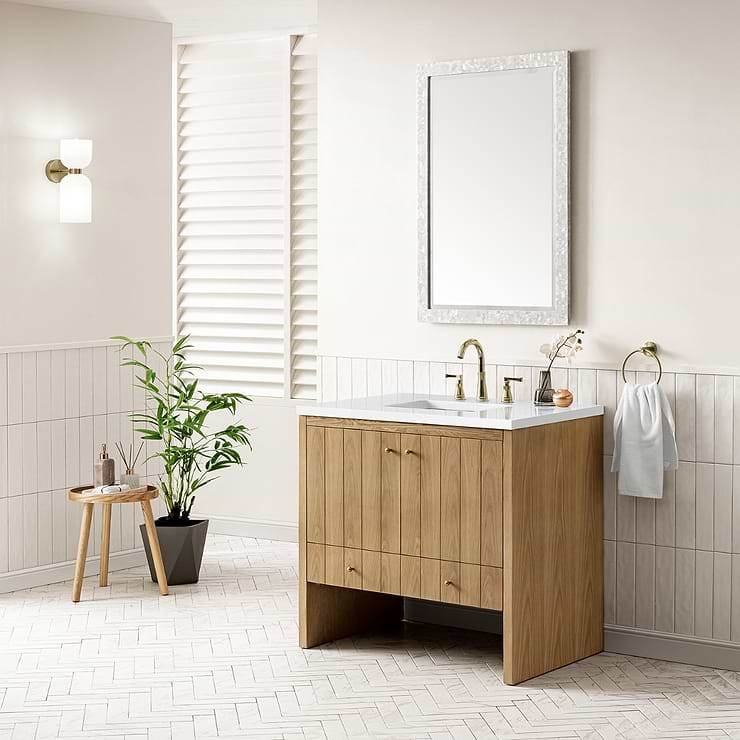 James Martin Vanities Hudson Light Natural Oak Brown 36"  Single Vanity with White Zeus Quartz Top