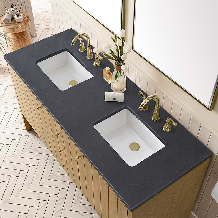 James Martin Vanities Hudson Light Natural Oak Brown 60"  Double Vanity with Charcoal Soapstone Quartz Top