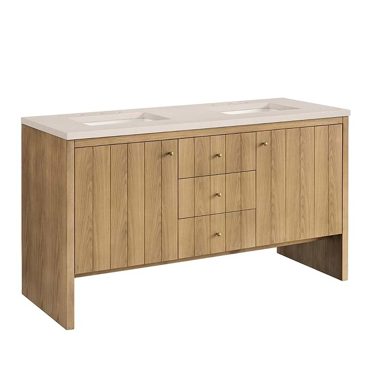 James Martin Vanities Hudson Light Natural Oak Brown 60"  Double Vanity with Eternal Marfil Quartz Top