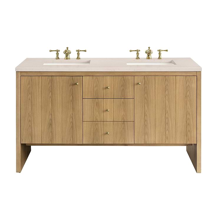 James Martin Vanities Hudson Light Natural Oak Brown 60"  Double Vanity with Eternal Marfil Quartz Top