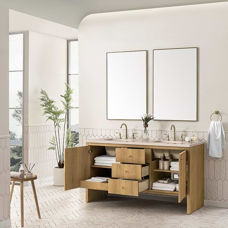 James Martin Vanities Hudson Light Natural Oak Brown 60"  Double Vanity with Eternal Marfil Quartz Top