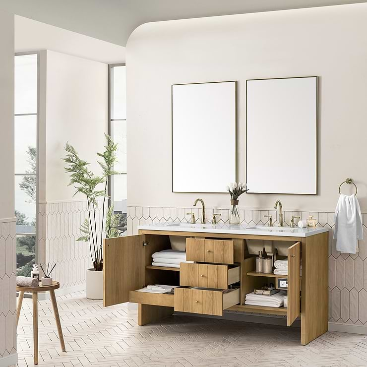 James Martin Vanities Hudson Light Natural Oak Brown 60"  Double Vanity with White Zeus Quartz Top