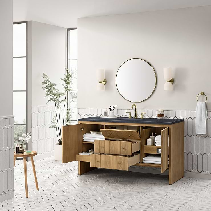 James Martin Vanities Hudson Light Natural Oak Brown 60"  Single Vanity with Charcoal Soapstone Quartz Top