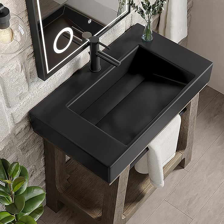 James Martin Vanities Auburn Weathered Timber Brown 32" Single Vanity with Black Solid Surface Top