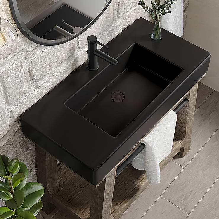 James Martin Vanities Auburn Weathered Timber Brown 36" Single Vanity with Black Solid Surface Top