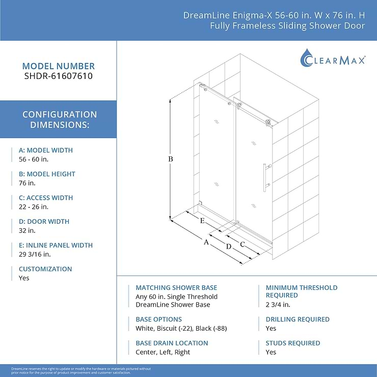 DreamLine Enigma-X 60x76 Reversible Sliding Shower Alcove Door with Clear Glass in Polished Stainless Steel