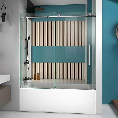 Enigma-X 60x62 Reversible Sliding Bathtub  Door with Clear Glass in Brushed Stainless Steel by DreamLine