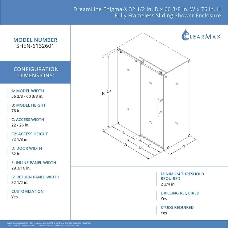 DreamLine Enigma-X 60x34x76 Reversible Sliding Enclosure Shower Door with Clear Glass in Brushed Stainless Steel