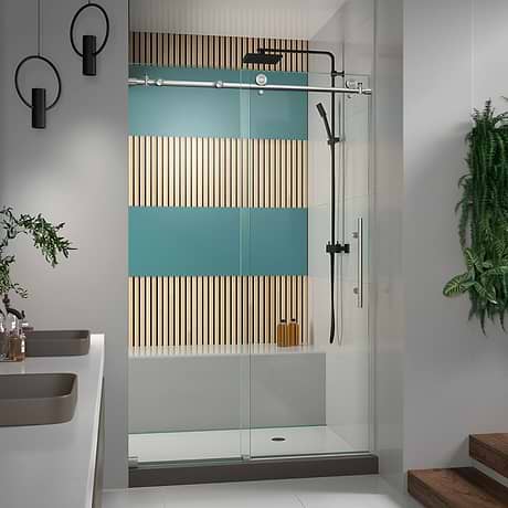 Enigma-X 48x76 Reversible Sliding Shower Alcove Door with Clear Glass in Brushed Stainless Steel by DreamLine