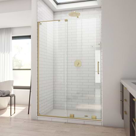 Mirage-X 48x72 Right Sliding Shower Alcove Door with Clear Glass in Brushed Gold by DreamLine