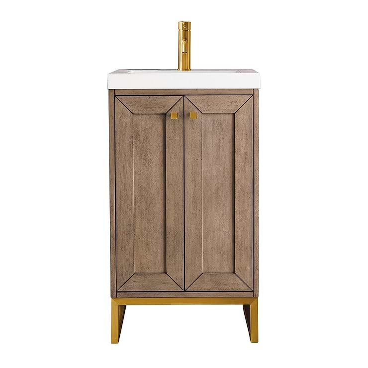 James Martin Vanities Chianti Whitewashed Walnut 20" Single Vanity with Gold Hardware and White Counter