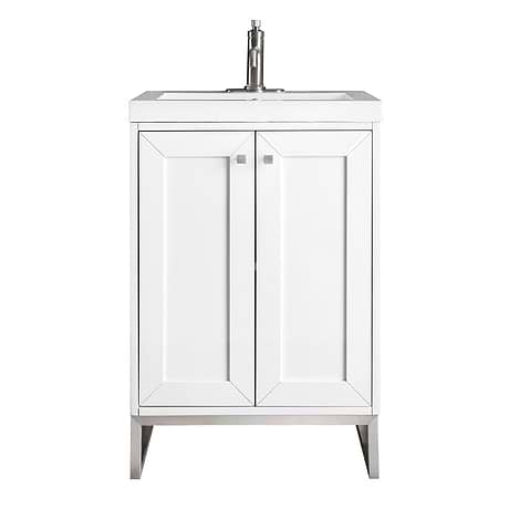 James Martin Vanities Chianti Glossy White 24" Single Vanity with Brushed Nickel Hardware and White Counter