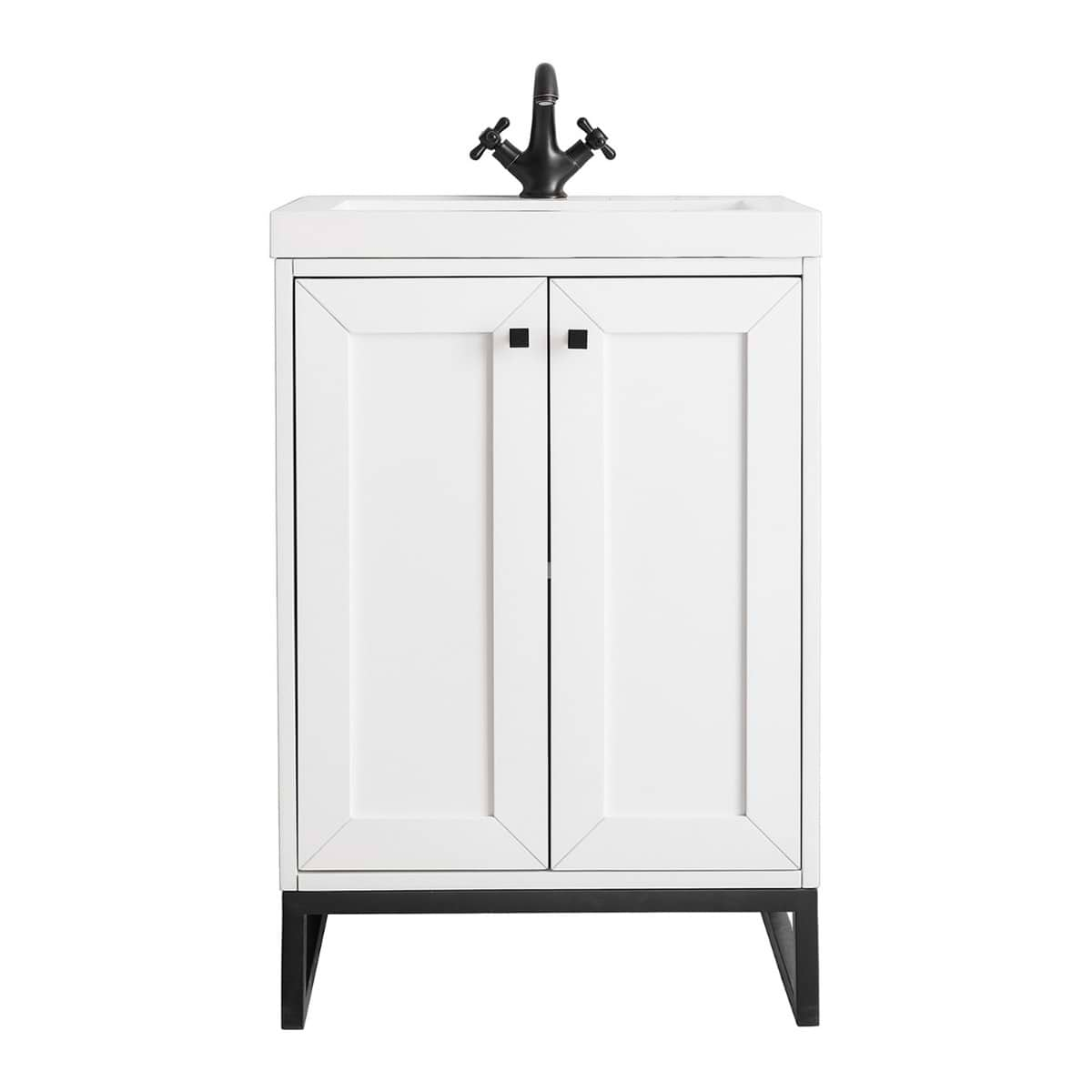 James Martin Vanities Chianti Glossy White 24" Single Vanity with Black Hardware and White Counter