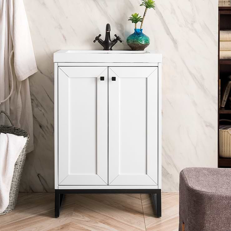 Chianti Glossy White 24" Single Vanity with Black Hardware and White Top by JMV; in Glossy White Wood; in Style Ideas Classic, Contemporary, Craftsman, Modern; released 2024; new, trends