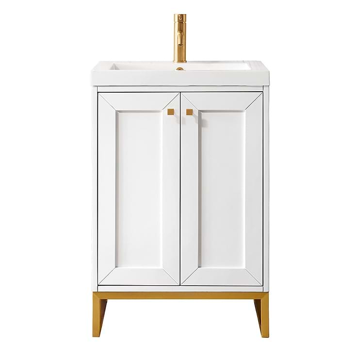 James Martin Vanities Chianti Glossy White 24" Single Vanity with Gold Hardware and White Counter
