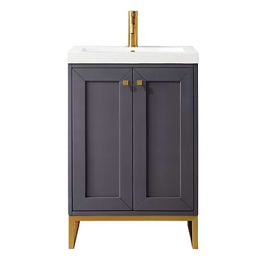 James Martin Vanities Chianti Mineral Gray 24" Single Vanity with Gold Hardware and White Counter