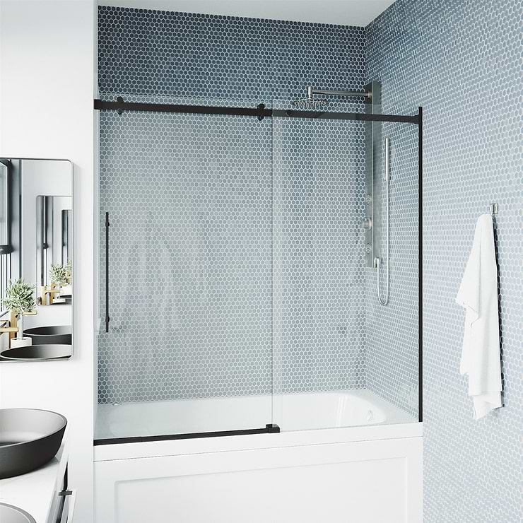 Acqua 60x58 Reversible Sliding Bathtub Door with Clear Glass in Matte Black