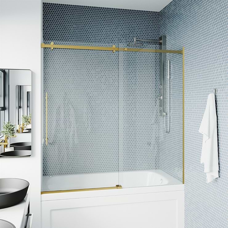 Acqua 60x58 Reversible Sliding Bathtub Door with Clear Glass in Brushed Gold