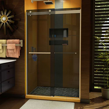 Sapphire 48x76 Reversible Sliding Shower Door with Gray Glass in Brushed Nickel by DreamLine