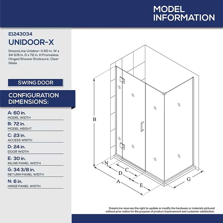 DreamLine Unidoor-X 60x34x72 Reversible Hinged Enclosure Shower Door with Clear Glass in Satin Black