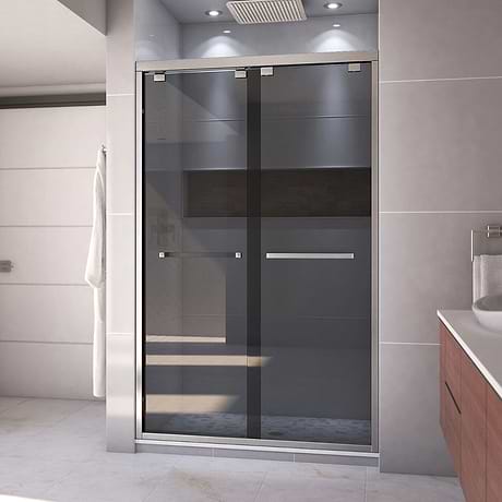 Encore 48"x76" Reversible Sliding Shower Alcove Door with Smoke Gray Glass in Brushed Nickel by DreamLine