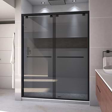 Encore 60"x76" Reversible Sliding Shower Alcove Door with Smoke Gray Glass in Satin Black by DreamLine
