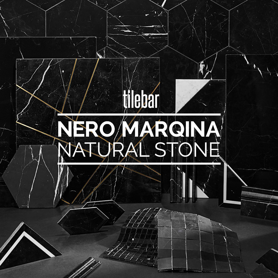 Nero Marquina 1x3 Herringbone Polished Marble Mosaic Tile