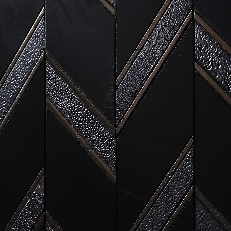 Magma Chevron Barcelona Nero Marquina Black and Iron Lava Stone Polished Mosaic Tile