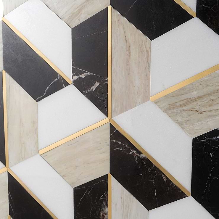 Decade Saint Laurent Beige Polished Marble and Brass Mosaic Tile