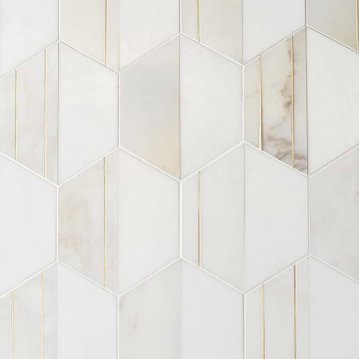 Fuse Bianco 6" Polished Marble and Brass Inlay Mosaic
