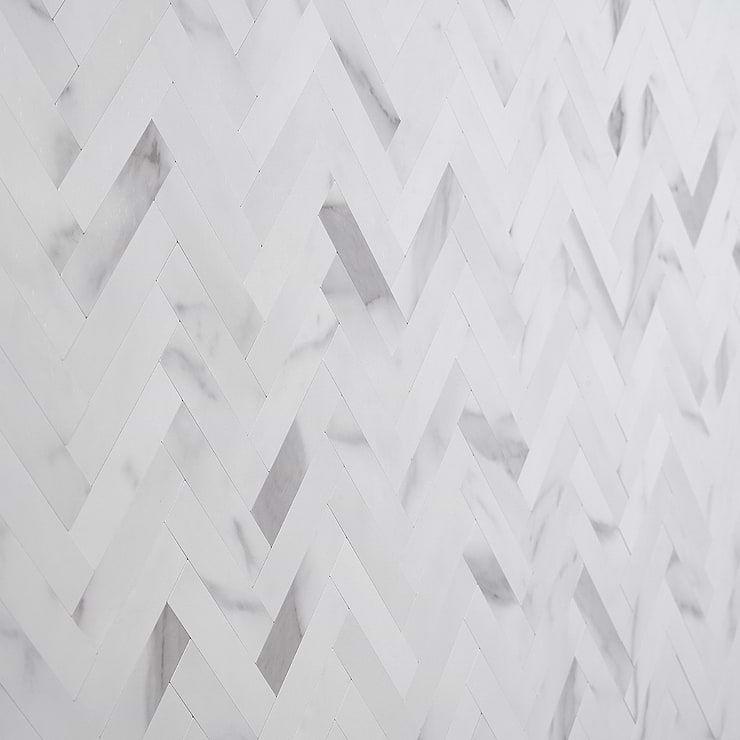 Calacatta LPS White Herringbone Seamless Solid Core Peel & Stick Self Adhesive Marble Look Matte Mosaic Tile