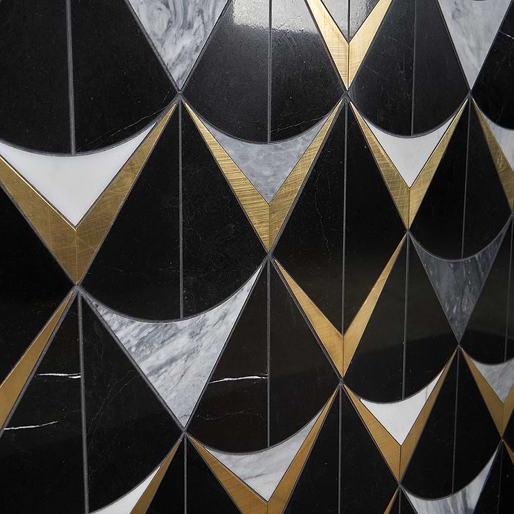 Regis Nero Waterjet Polished Marble Mosaic Tile- Black and Brass
