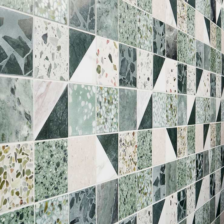 Elizabeth Sutton Artem Turaco Green 3x3 Polished & Honed Marble and Terrazzo Mosaic Tile