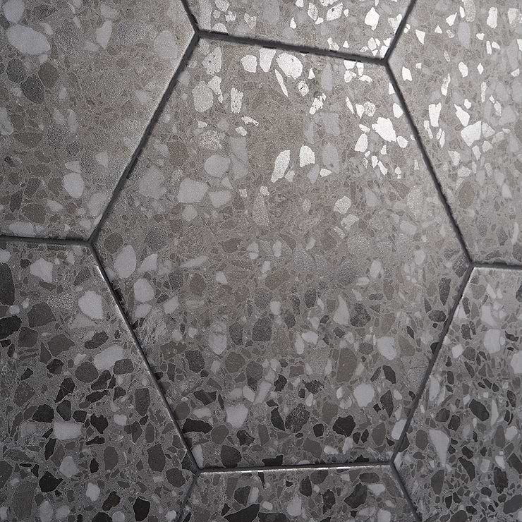 Six Hexagon Graphite Gray 12.5" Terrazzo Look Matte Porcelain Tile