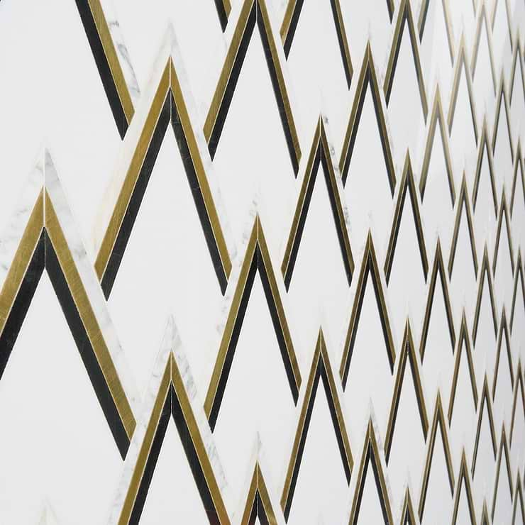 VZAG Nero White Black and Gold 6" Polished Marble & Brass Mosaic Tile by Vanessa Deleon