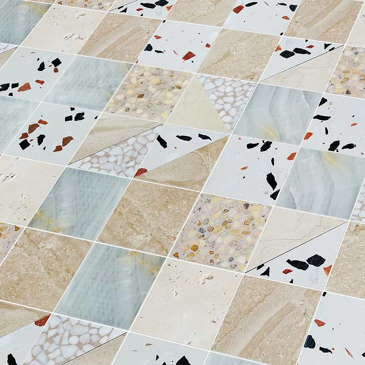 Elizabeth Sutton Artem Paloma Beige & Cream 3x3 Polished & Honed Marble and Terrazzo Mosaic Tile