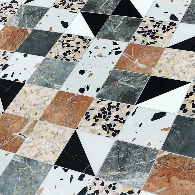 Elizabeth Sutton Artem Wren Terracotta & Gray 3x3 Polished & Honed Marble and Terrazzo Mosaic Tile