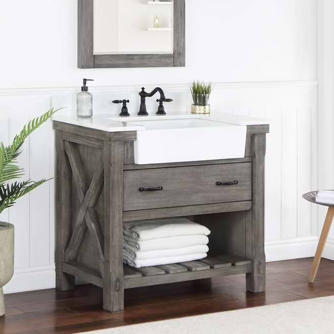 Inwood Gray Oak 36" Single Vanity with White Stone Top and Farmhouse Sink