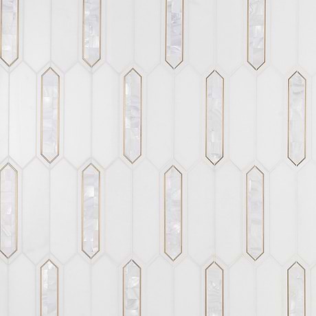 Zeus White Pearl 2x8 Picket Polished Marble, Pearl and Brass Mosaic Tile