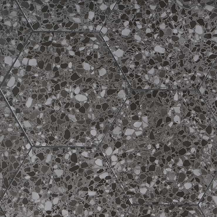 Six Hexagon Graphite Gray 12.5" Terrazzo Look Matte Porcelain Tile